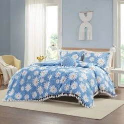 Promo 💯 Intelligent Design Full/Queen Daria Daisy Printed Duvet Cover Set with Tassels - Blue 🧨