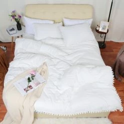 Best Sale 🔔 3 Pcs Washed Polyester with Pompoms Tassels Bedding Sets Queen White - PiccoCasa ✔️