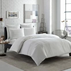 Promo 🛒 Variegated Pleats Duvet Cover Set - White - City Scene® ⭐