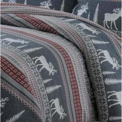 Budget ⌛ Winter Reindeer Cotton Flannel Printed 3pc Oversized Duvet Set - Tribeca Living Multicolored 🔔