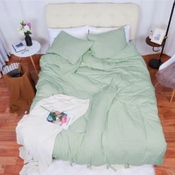 Hot Sale 🔥 3 Pcs Washed Cotton Solid with Bowknot Closure Design Bedding Sets King Green - PiccoCasa 👏