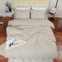 Best Sale ✔️ 3 Pcs Washed Cotton Solid with Bowknot Closure Design Bedding Sets Queen Tan - PiccoCasa 🔔