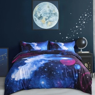 Best Pirce ⌛ 3 Pcs Queen Polyester Galaxy Sky Cosmos Night Pattern 3D Printed Bedding Sets Sky Blue - PiccoCasa ⭐ 2 Best Pirce ⌛ 3 Pcs Queen Polyester Galaxy Sky Cosmos Night Pattern 3D Printed Bedding Sets Sky Blue - PiccoCasa ⭐ - Image 2
