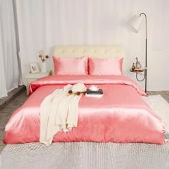 Promo ✔️ 3 Pcs Polyester Satin Silk Solid Bedding Sets King Pink - PiccoCasa 🎉