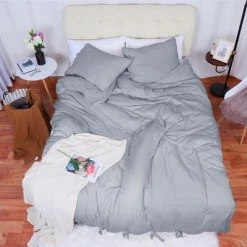 Hot Sale ⭐ 3 Pcs Washed Cotton Solid with Bowknot Closure Design Bedding Sets King Light Gray - PiccoCasa ⭐