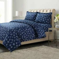 Budget ✨ Eva Floral Printed Flannel Oversized Duvet Cover Set - Azores Home Slate Blue 🎉