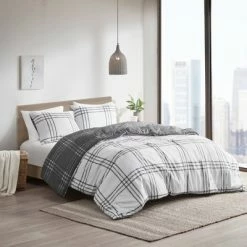 Promo 🛒 3pc Carter Plaid Reversible Duvet Cover & Sham Set - Clean Spaces White/gray 👍