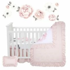 Best Sale 👏 Lambs & Ivy Floral Garden Watercolor/Pink Linen 5-Piece Baby Crib Bedding Set 🔔