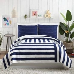 Budget 🔥 Ampersand for Makers Collective 3pc Block Stripe Quilt & Sham Set Blue 👍