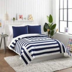 Budget 🔥 Ampersand for Makers Collective 3pc Block Stripe Quilt & Sham Set Blue 👍 -Bedding Sets & Collections Sales Shop unnamed file 14627