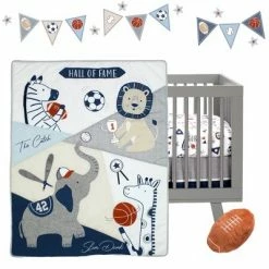 Best Sale ✔️ Lambs & Ivy Hall of Fame Sports Animals 5-Piece Crib Bedding Set - Gray/Blue 🔥