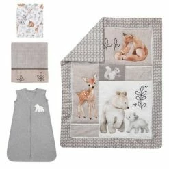 Best Sale 🎁 Lambs & Ivy Painted Forest 4-Piece Crib Bedding Set - Gray, Beige, White 🤩