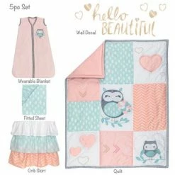 Wholesale 👏 Lambs & Ivy Sweet Owl Dreams Pink Heart Nursery 5-Piece Baby Crib Bedding Set 🎉