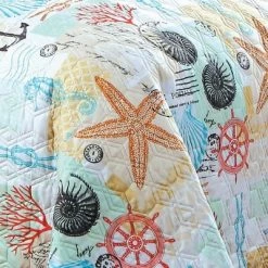 Outlet 🛒 Geneva Home Fashion Queen 5pc Heritage Bay Belize Coastal Quilt & Sham Set Coral ⭐