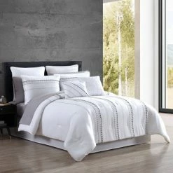 New ✔️ Hallmart Collectibles Delphi Embroidered Stripe Comforter & Sheets Bedding Set White/Gray 🤩