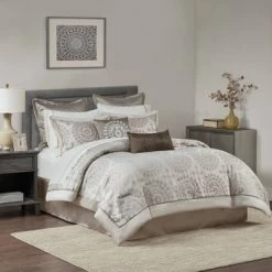 Buy ✔️ Madison Park 12pc Madeline Jacquard Comforter Set - Tan 🧨