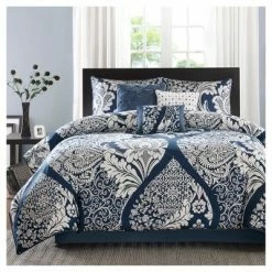 Coupon 🌟 Madison Park Adela 7 Piece Cotton Printed Comforter Set Indigo 👍