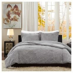 Coupon ❤️ Madison Park Albany Long Faux Fur Plush Comforter Mini Set Gray ✨