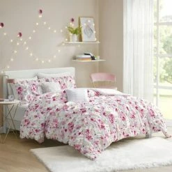 Wholesale 🔥 Intelligent Design Penelope Floral Printed Ruched Comforter Set Pink ❤️