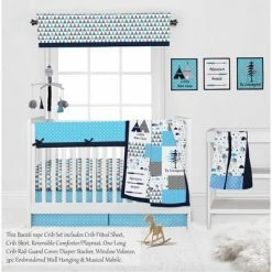 Best Pirce 👍 Bacati - Woodlands Aqua/Navy/Grey 10 pc Crib Bedding Set with Long Rail Guard Cover 🔥