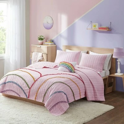 Brand new π Mi Zone Leah Rainbow/Pompom Trim Coverlet Set Pink π 1 Brand new π Mi Zone Leah Rainbow/Pompom Trim Coverlet Set Pink π