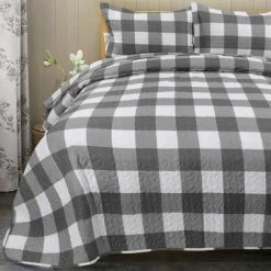 New ✨ 3 Pcs Plaid Quilt Bedspread Set Coverlet Bed Sets with 2 Pillow Shams - PiccoCasa 😍