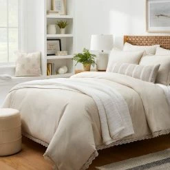 Top 10 👍 Threshold Designed W/Studio McGee Lace Border Cotton Slub Duvet & Sham Set - Threshold™ designed with Studio McGee Light Beige 😀